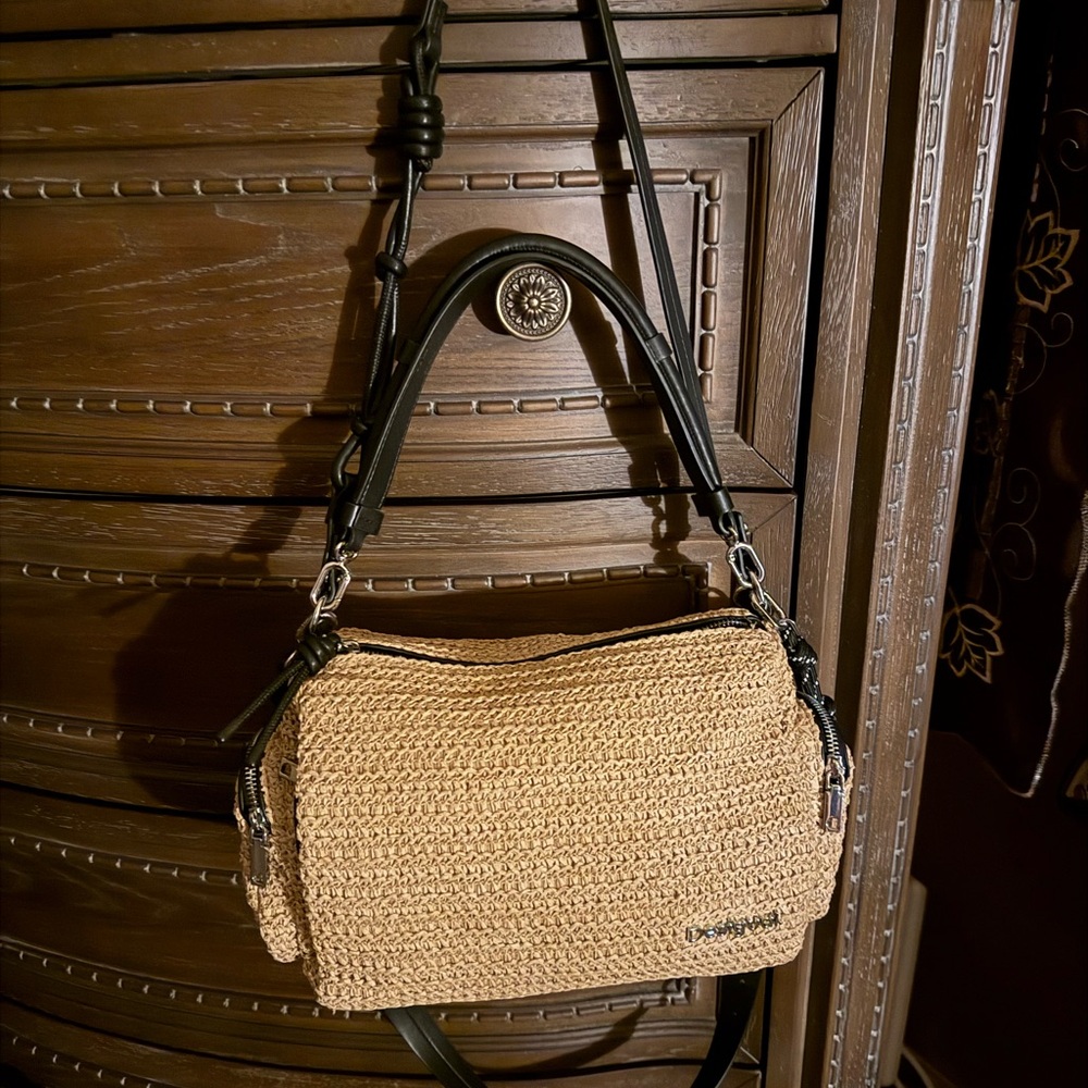 DESIGUAL Woven Straw Shoulder Bag with Black Trim